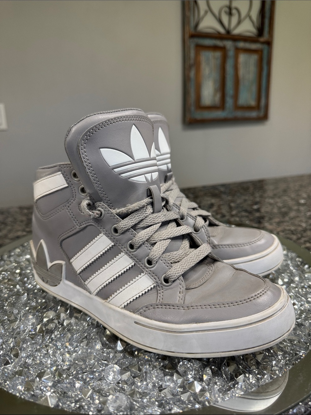 adidas Gray and White high Top Sneakers with Trefoil Logo EUC